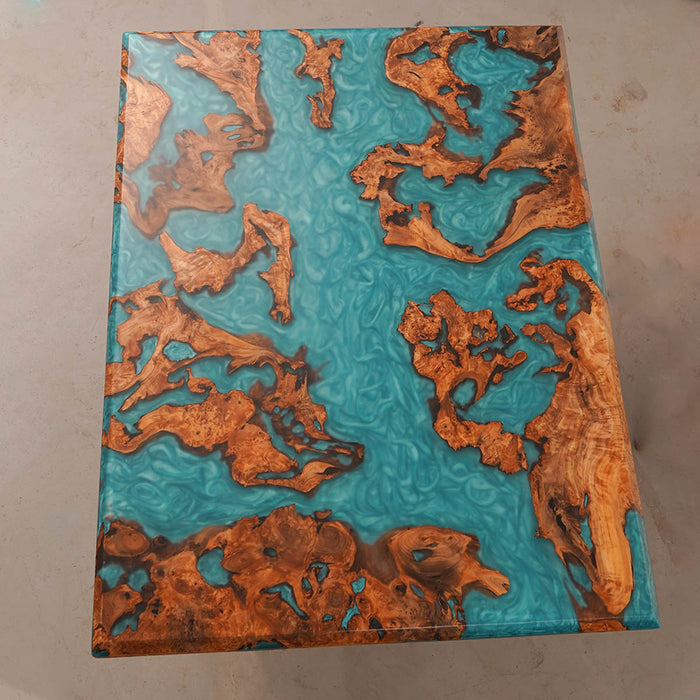 Custom Turquoise Epoxy Table with Natural Burl Wood NRT-02