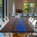 Custom Black Walnut Epoxy and Wood Dining Table Blue Resin BRT-50