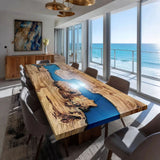 Olive Epoxy River Dining Table Ocean Blue Resin ORT-58
