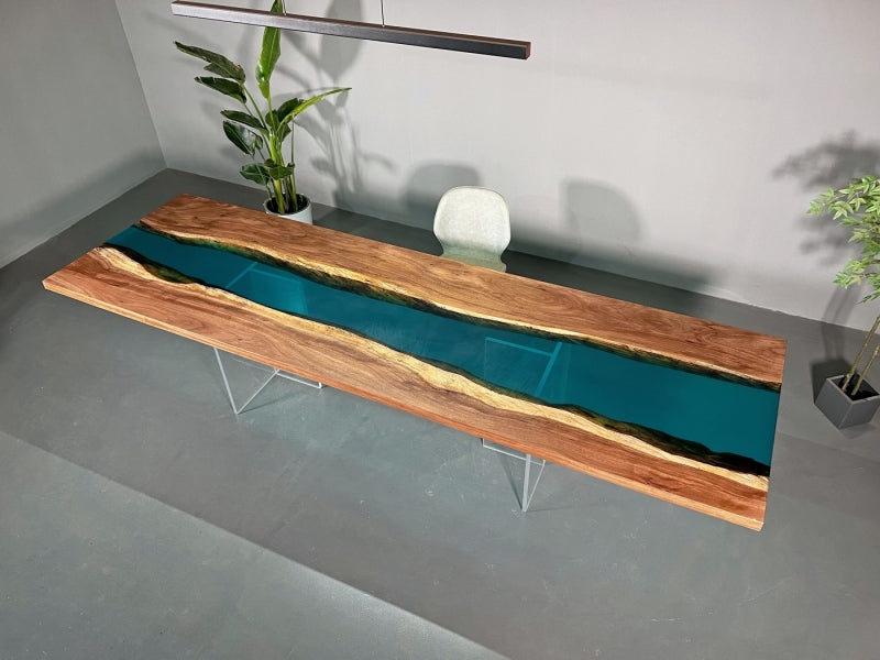 Custom Walnut Wood Clear Blue Epoxy River Conference Table WRT-59