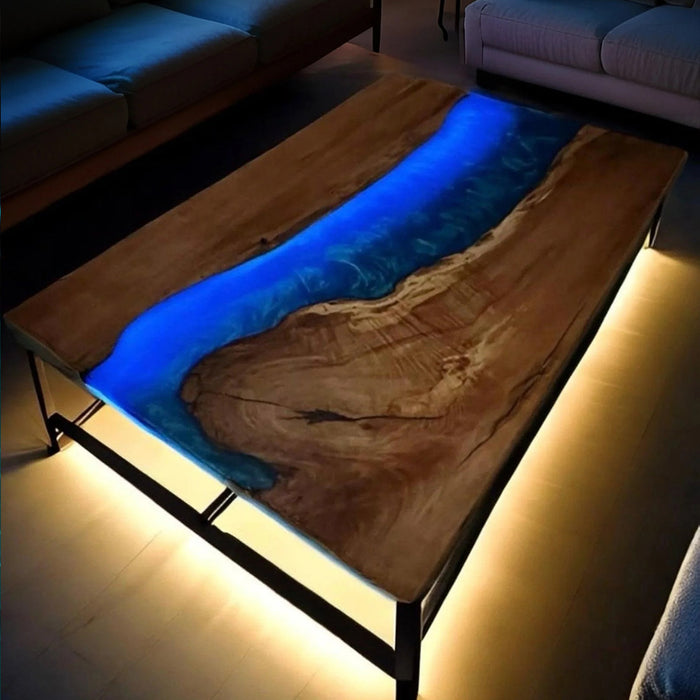 Custom Black Walnut Epoxy River Table with LED Lights Blue Resin BRT-43