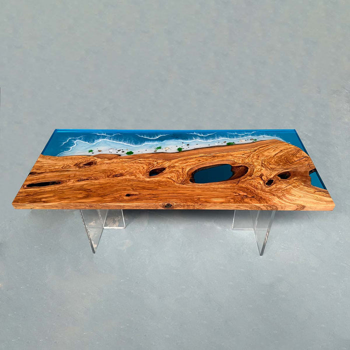Custom Ocean Waves Walnut Epoxy Dining Table Blue WRT-90
