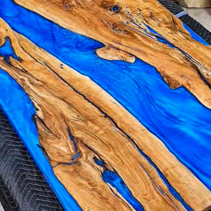 Custom Olive Wood Blue Ocean Epoxy Dining Table ORT-57