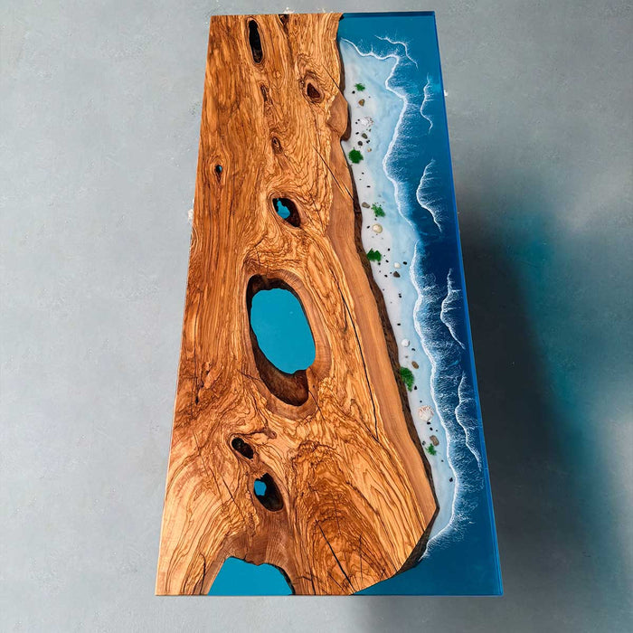 Custom Ocean Waves Walnut Epoxy Dining Table Blue WRT-90