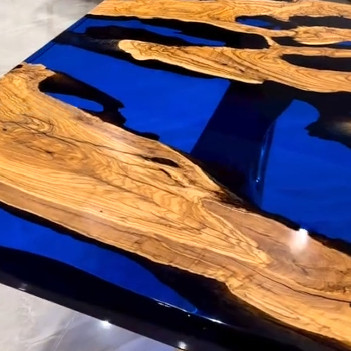 Unique Natural Burl Wood and Deep Blue Epoxy Table NRT-03