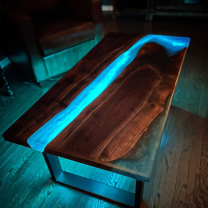 Custom Black Walnut Epoxy River Table with LED Lights Blue Resin BRT-43