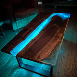 Custom Black Walnut Epoxy River Table with LED Lights Blue Resin BRT-43