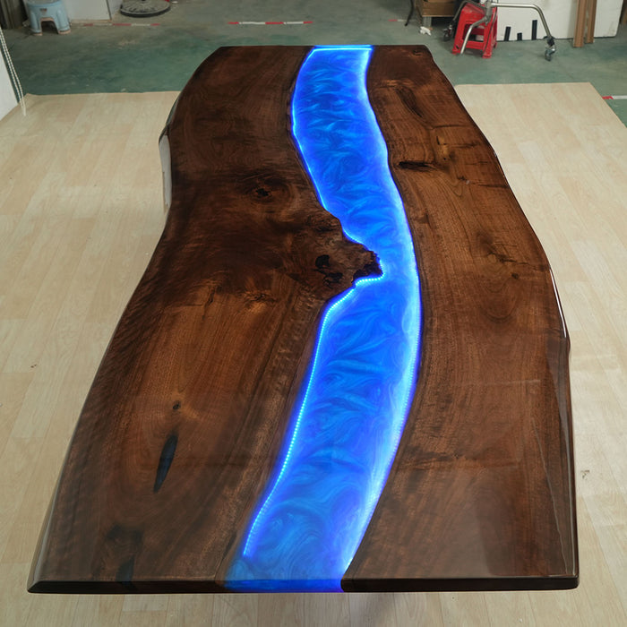 Handmade Black Walnut Epoxy River Table with LED Lights Ocean Blue Resin BRT-41