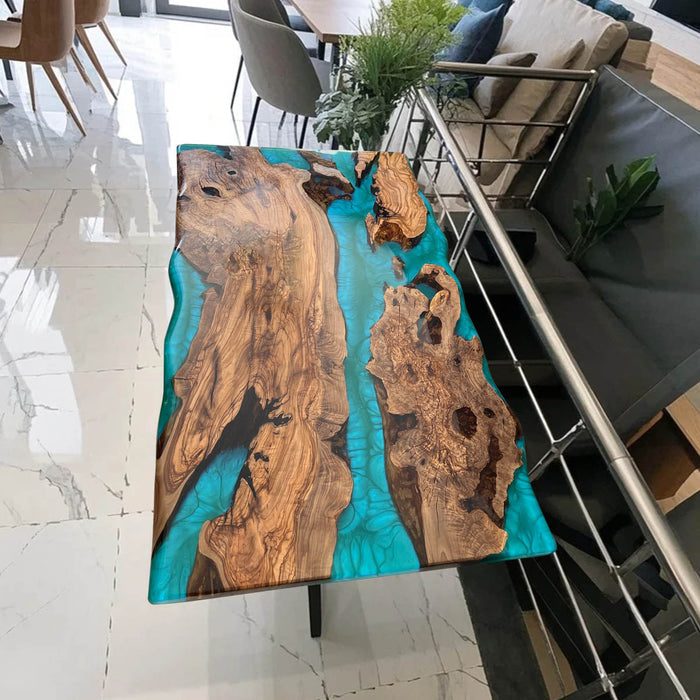 Custom Turquoise Epoxy Table with Natural Burl Wood NRT-02