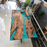 Custom Turquoise Epoxy Table with Natural Burl Wood NRT-02