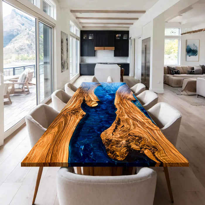 Custom Olive Klein Blue Epoxy River Dining Table ORT-54