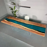 Custom Walnut Wood Clear Blue Epoxy River Conference Table WRT-59