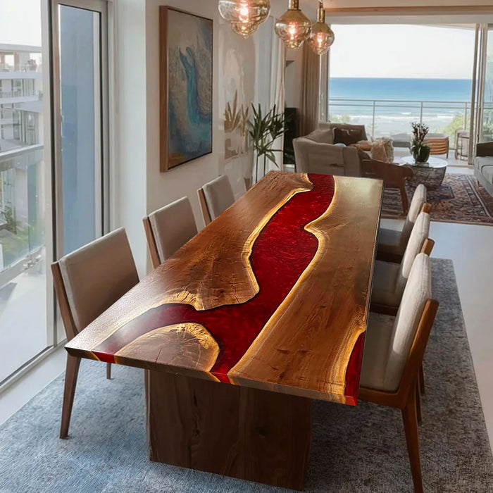 Custom Live Edge Black Walnut Epoxy Red River Dining Table BRT-52