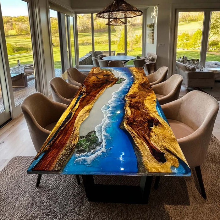 Handmade Live Edge Walnut Epoxy Resin Ocean Waves Dining Table WRT-91