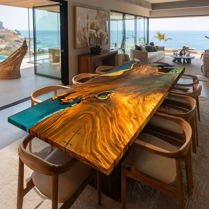 Custom Luxury Walnut Epoxy Dining Table with Aqua River WRT-89