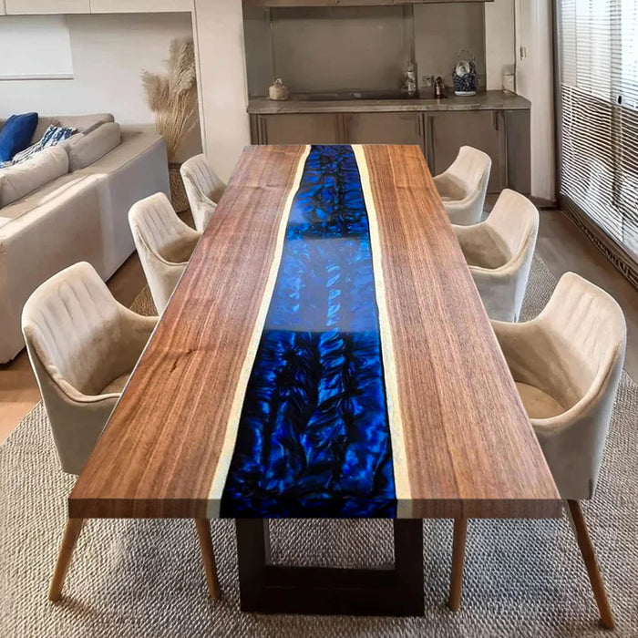 Custom Black Walnut and Deep Blue Epoxy Dining Table BRT-47