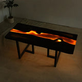 Custom Black Walnut LED Glowing Epoxy Table with LED Lights Golden Amber BRT-40