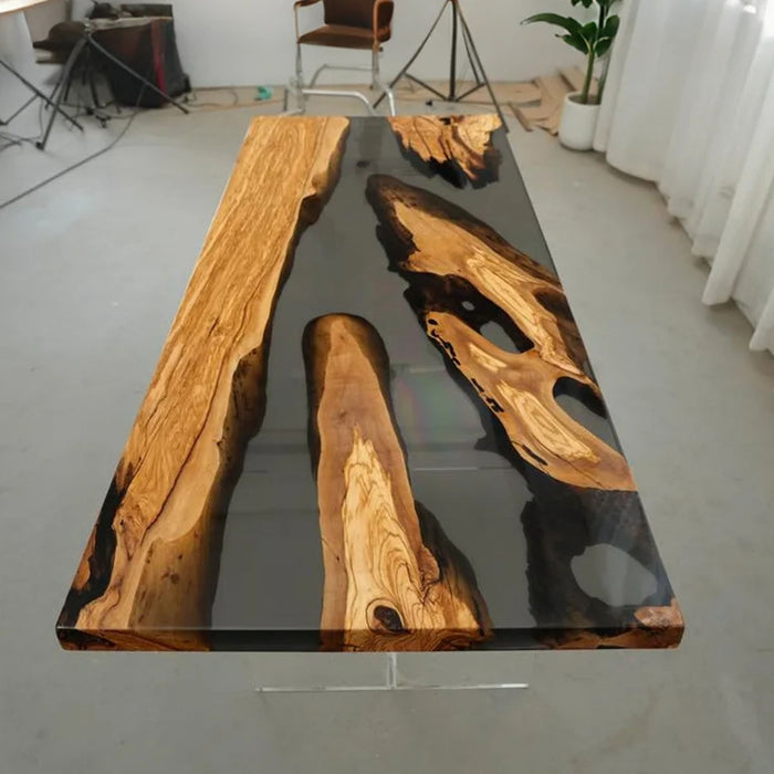 Modern Olive Wood Epoxy Resin Dining Table Transparent Black ORT-61