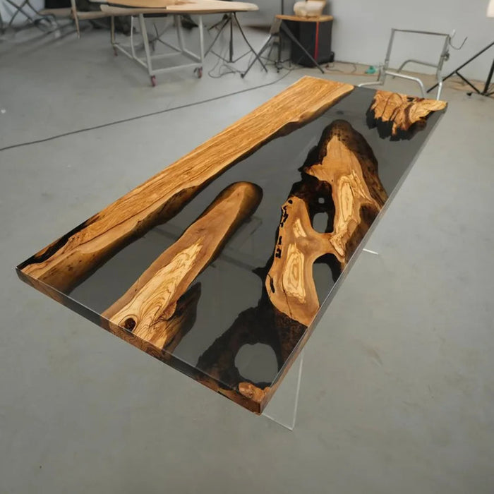 Modern Olive Wood Epoxy Resin Dining Table Transparent Black ORT-61