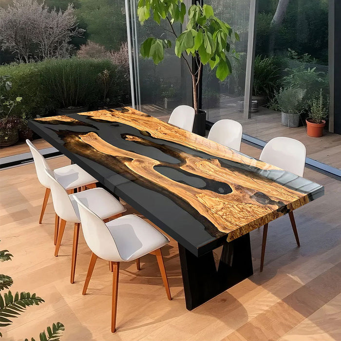 Modern Olive Wood Epoxy Resin Dining Table Transparent Black ORT-61