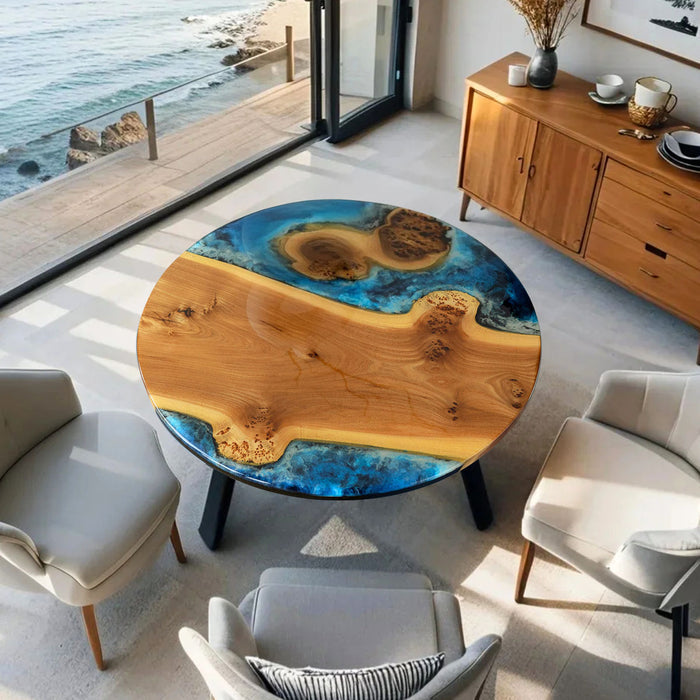 Custom Round Walnut Epoxy Coffee Table with Ocean Blue Resin CRT-17