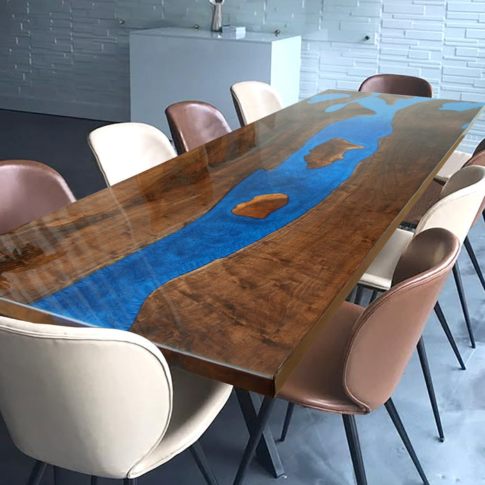 Custom Black Walnut Blue Epoxy and Wood Dining Table Blue Resin BRT-51