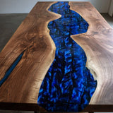 Custom Black Walnut and Deep Blue Epoxy Dining Table BRT-47