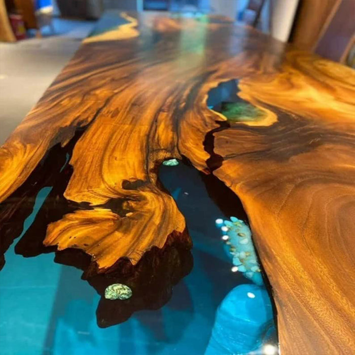 Custom Luxury Walnut Epoxy Dining Table with Aqua River WRT-89
